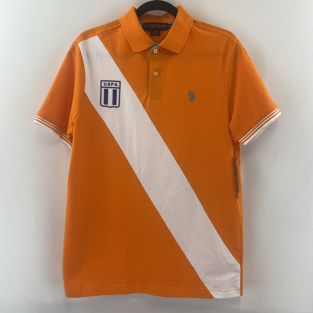 USPA U.S. POLO ASSN. NWT Orange & White Embroidered Blue Pony Logo Size M Cotton